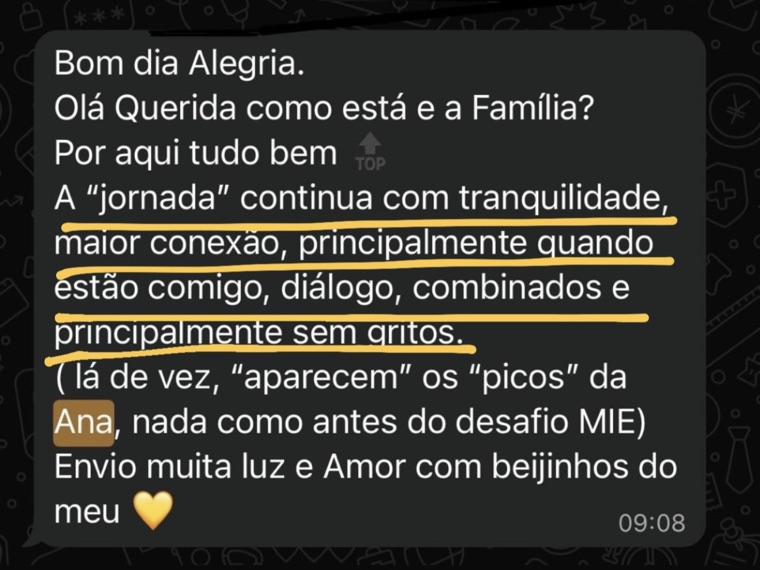 Print de WhatsApp: mãe descreve a rotina com mais conexão, diálogo e sem gritos