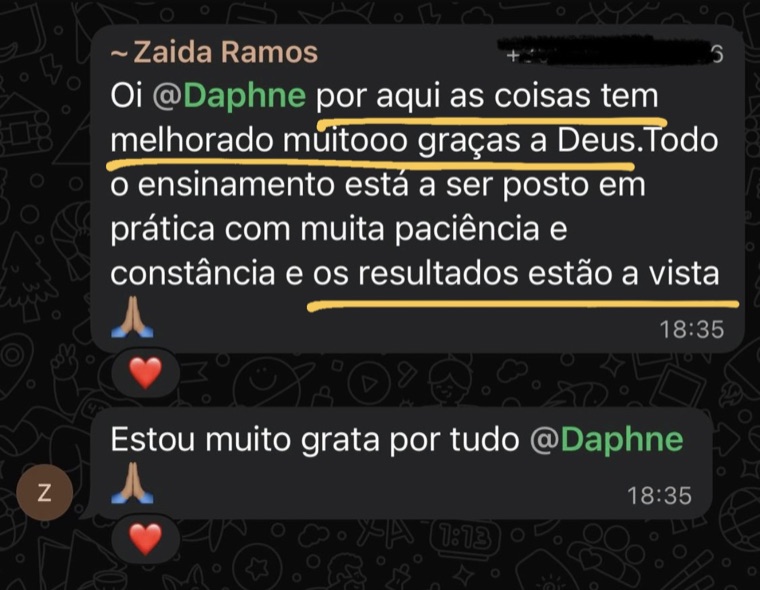 Print de WhatsApp: Zaida Ramos conta que os ensinamentos estão em prática e os resultados aparecendo